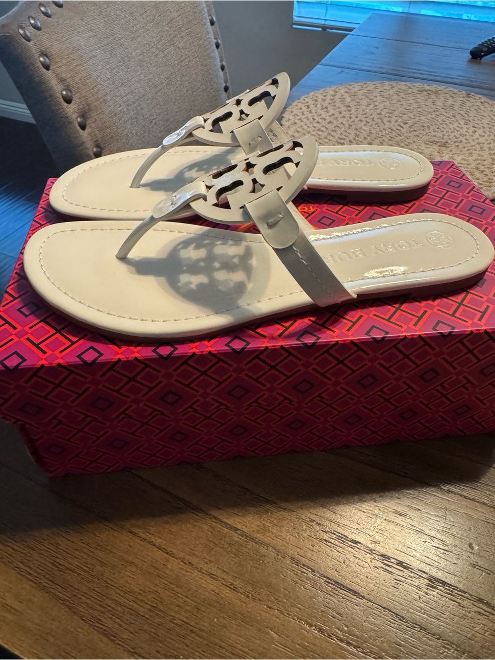 Tory Burch White Logo Cutout Thong Sandals